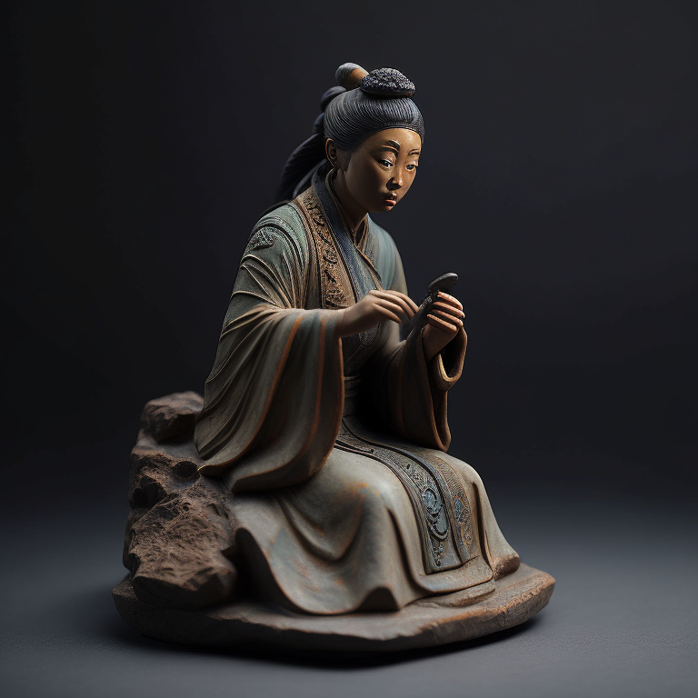 ancient small clay and glazed Chinese sculpture of a woman, deep atmosphere, realistic