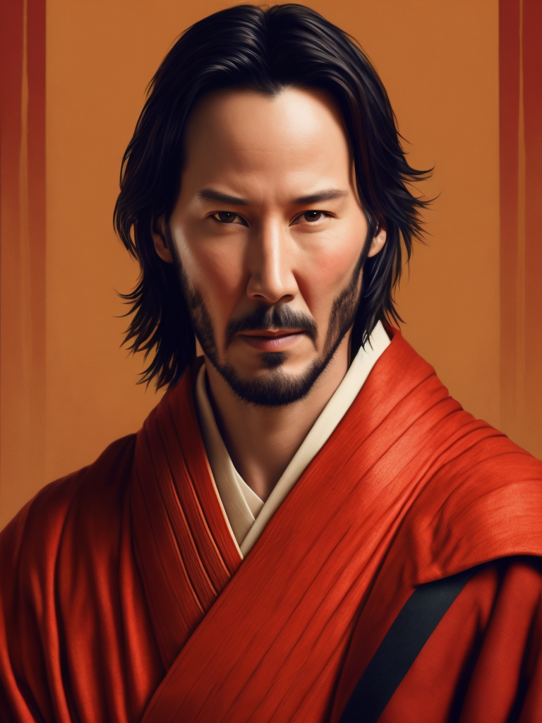 Portrait of Keanu Reeves as a samurai in a red kimono, serious look, detailed background in an oriental style, bright saturated colors
