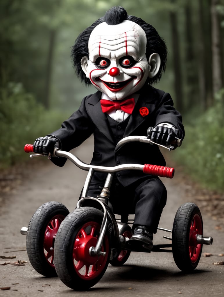 Billy the puppet from the movie saw drifting on his tricycle, highly detailed and resolution