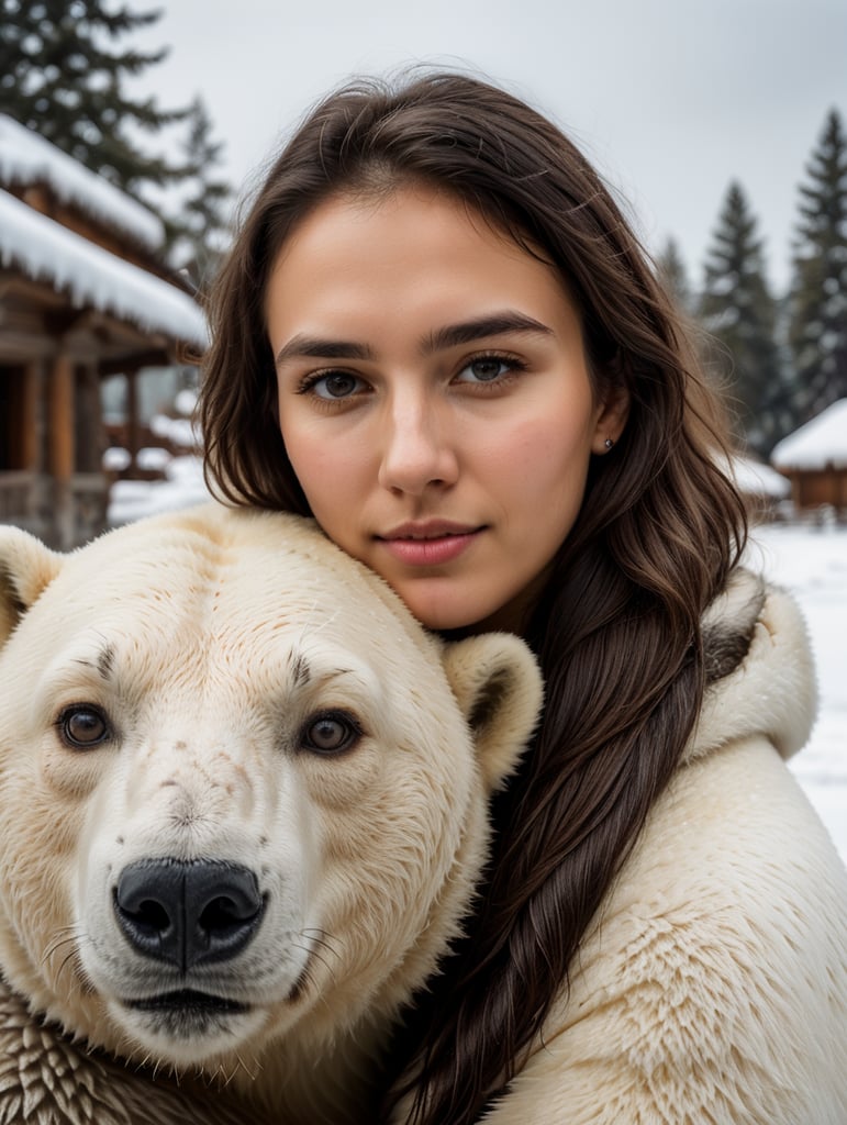 selfie of young woman with a polar bear, polar location, ice and snow, cold environment, highly detailed