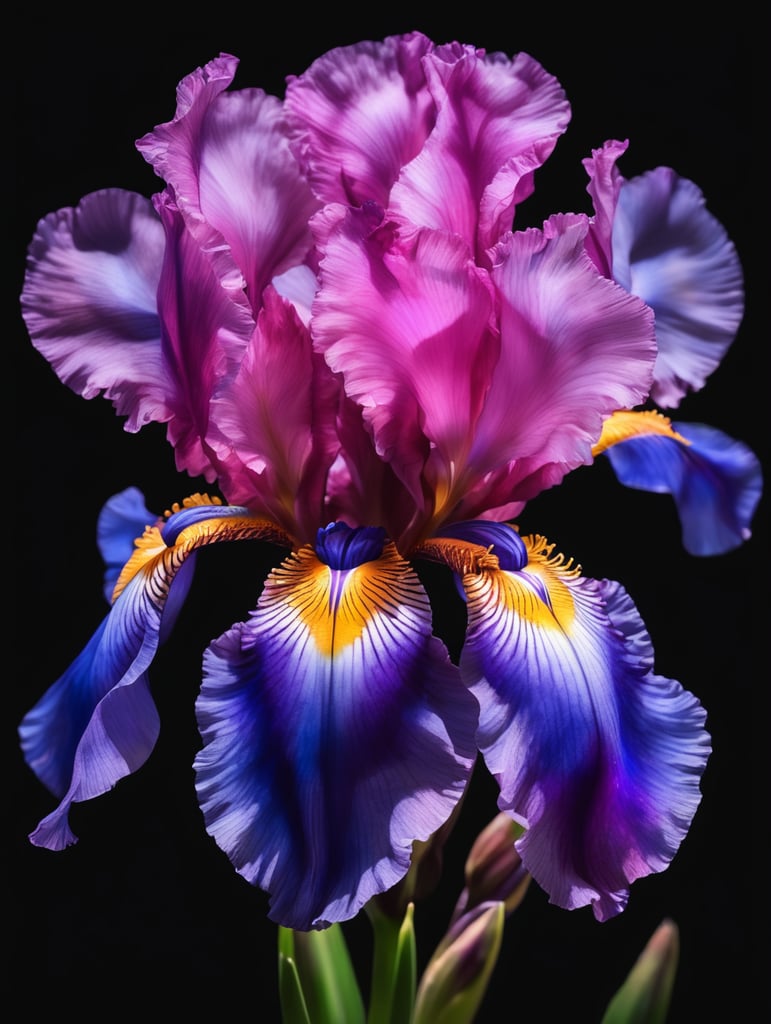 Photorealistic vibrant purple, pink and blue iris flower with a bioluminescent glow. Against a totally black background. Blur the lines between reality and fantasy.
