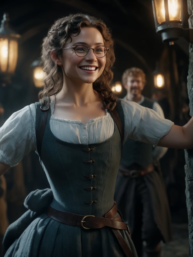 Hobbit woman, female, girl, short, long curly brown hair, big smile, eyeglasses, freckles, hobbit, fantasy, lord of the rings, tolkien, barefoot, hobbit clothes, the shire, lord of the rings movies, smart, intelligent, happy, dress, underbust corset.