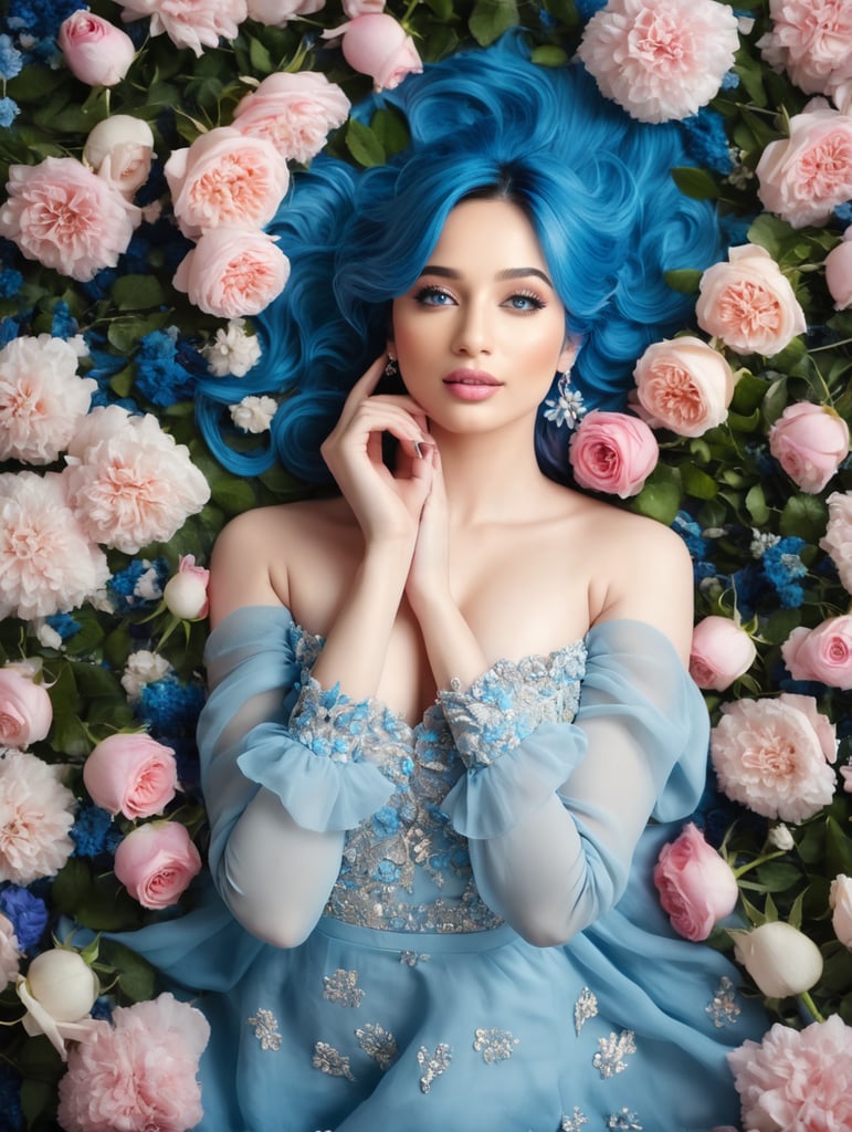 Desktop HD wallpaper: Tamannaah Bhatia,Flower, Rose, Dress, Model, Women, Blue Eyes, Blue Hair, Long Hair, Lying Down free download background picture,Human laying in flowers, top view, cinematic, dark light, beautiful colors, detailled, 4k