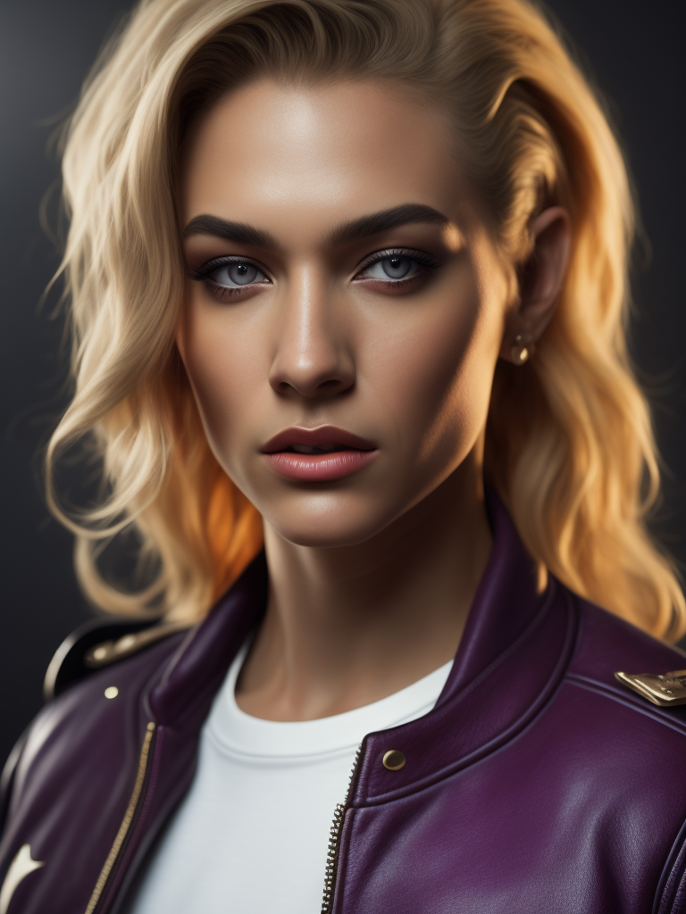 Super-realistic portrait of a blonde supermodel wearing a purple collegiate varsity jacket, high resolution hair, 8k style, 32uhd, skin pores, peach fuzz, bright Dior style make-up, fashion editorial style, Award winning photo, dramatic lighting, boxing ring, dramatic lighting,