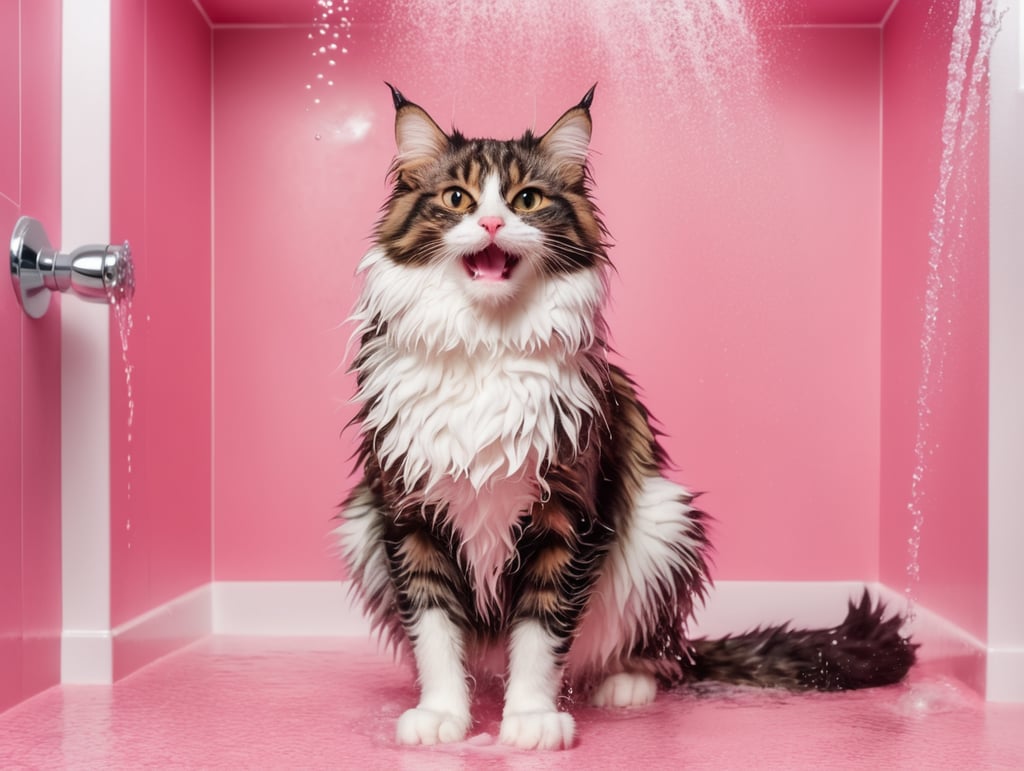 Happy wet cat with full body and tail in a very large shower room. Lots of bubbles and foam. Pink background. Panoramic