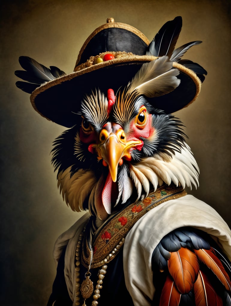 A masterpiece painting by Rembrandt Van Rijn, a portrait of a rooster, wearing the typical clothes of the time, 2 3 view, simple background, waist upwards, highly detailed, high contrast