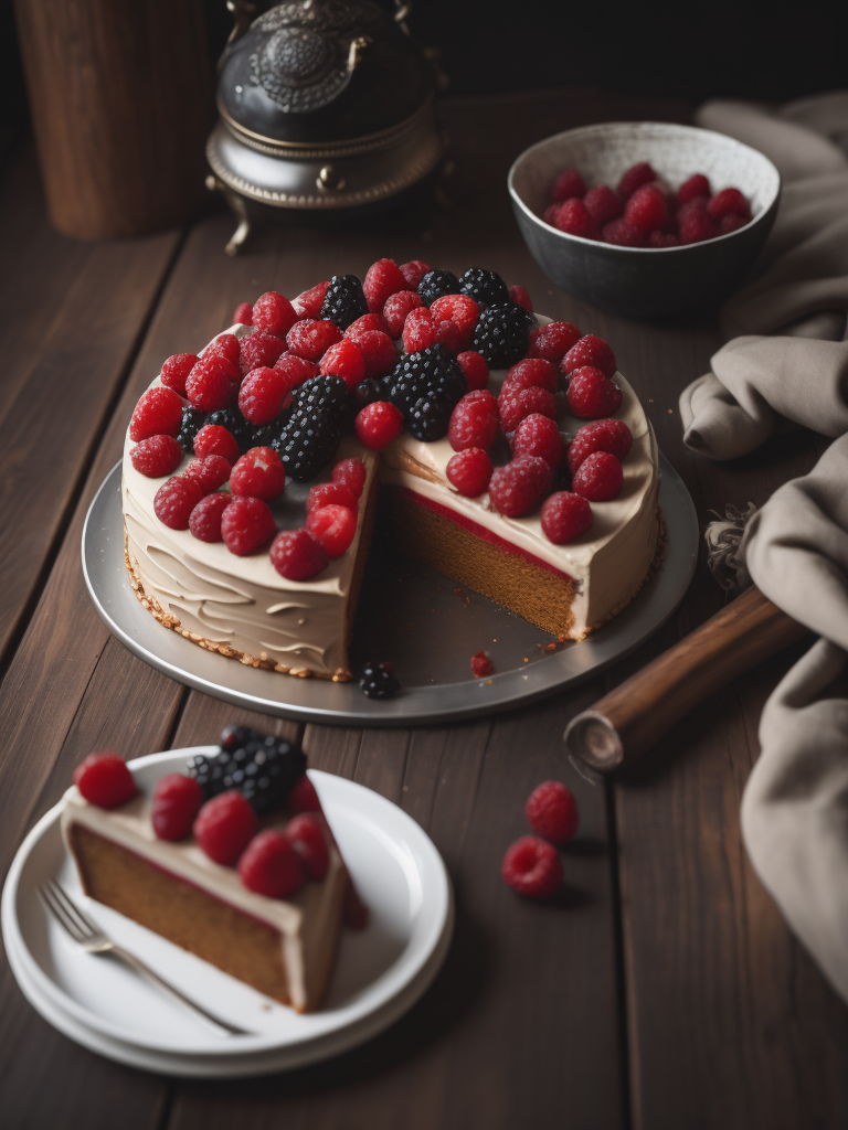 Cake with raspberries and blackberries on a wooden table, dark atmosphere, dramatic Lighting, Depth of field, Incredibly high detailed