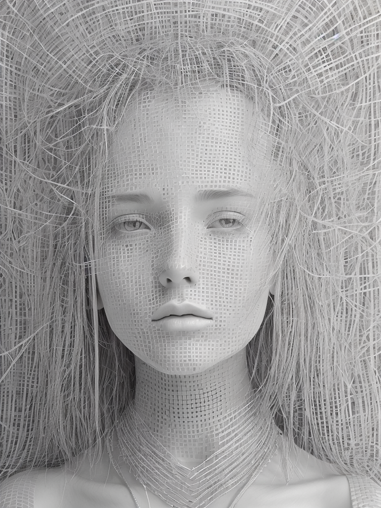 A catgirl with something on her face, in the style of pixelated landscapes, stereoscopic photography, intricate weaving, webcam photography, tabletop photography, rectilinear forms, mcdonaldpunk