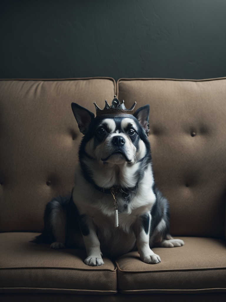 Dog wearing a crown sitting on a sofa