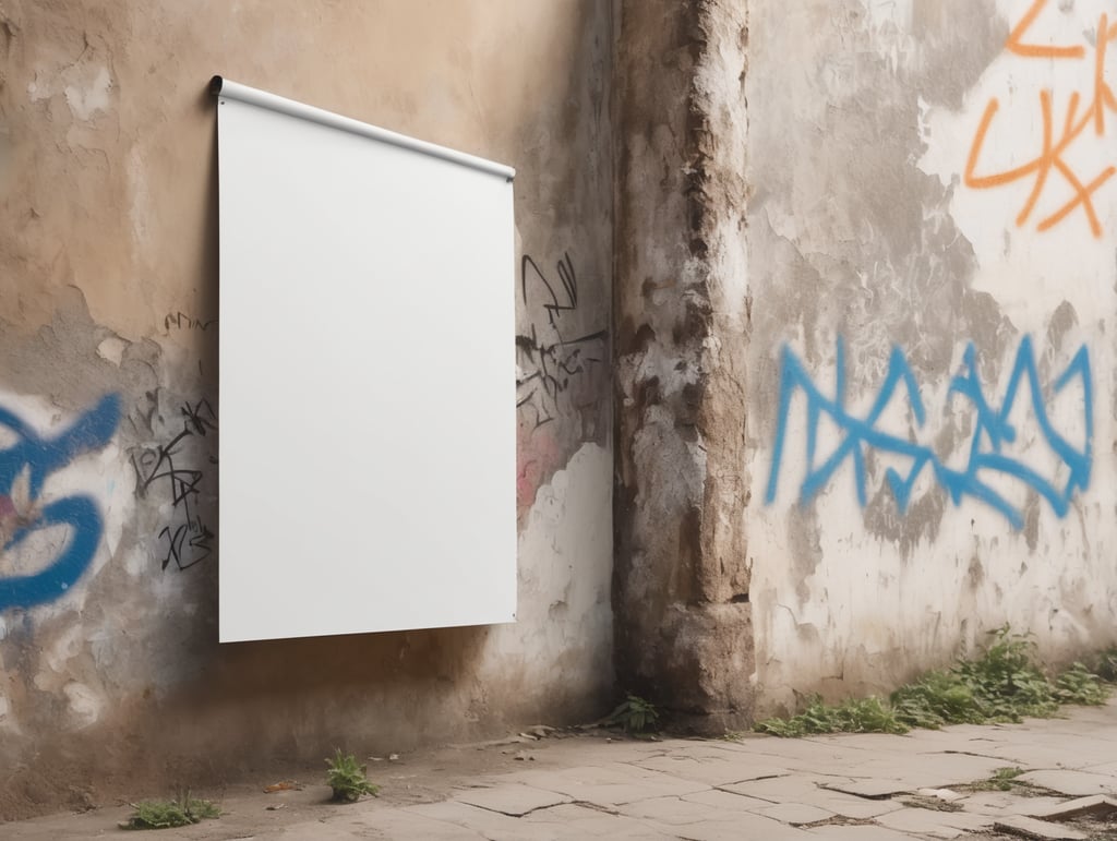 a white blank poster hangs on an old shabby wall with graffiti, the corner of the poster is bent, people are blurred, daylight, mockup, mock up