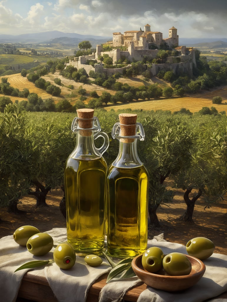 olive oil scene. green olives drizzled with oil and transparent bottles filled with olive oil. The olives should have the right texture, with a backdrop of an olive field with an ancient castle on the horizon.