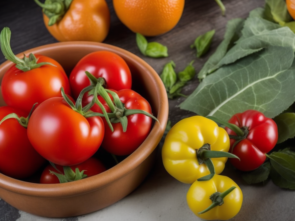 a bowl of tomatoes, peppers, and oranges on a table with greens and oranges in the background, a stock photo, incoherents, Arcimboldo, professional food photography