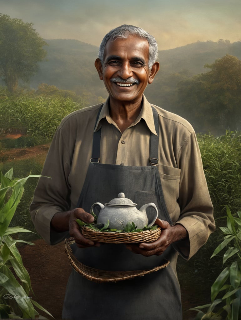 a smiling tea 70 year old indian farmer holding tea leaves in his small bamboo basket in his hands