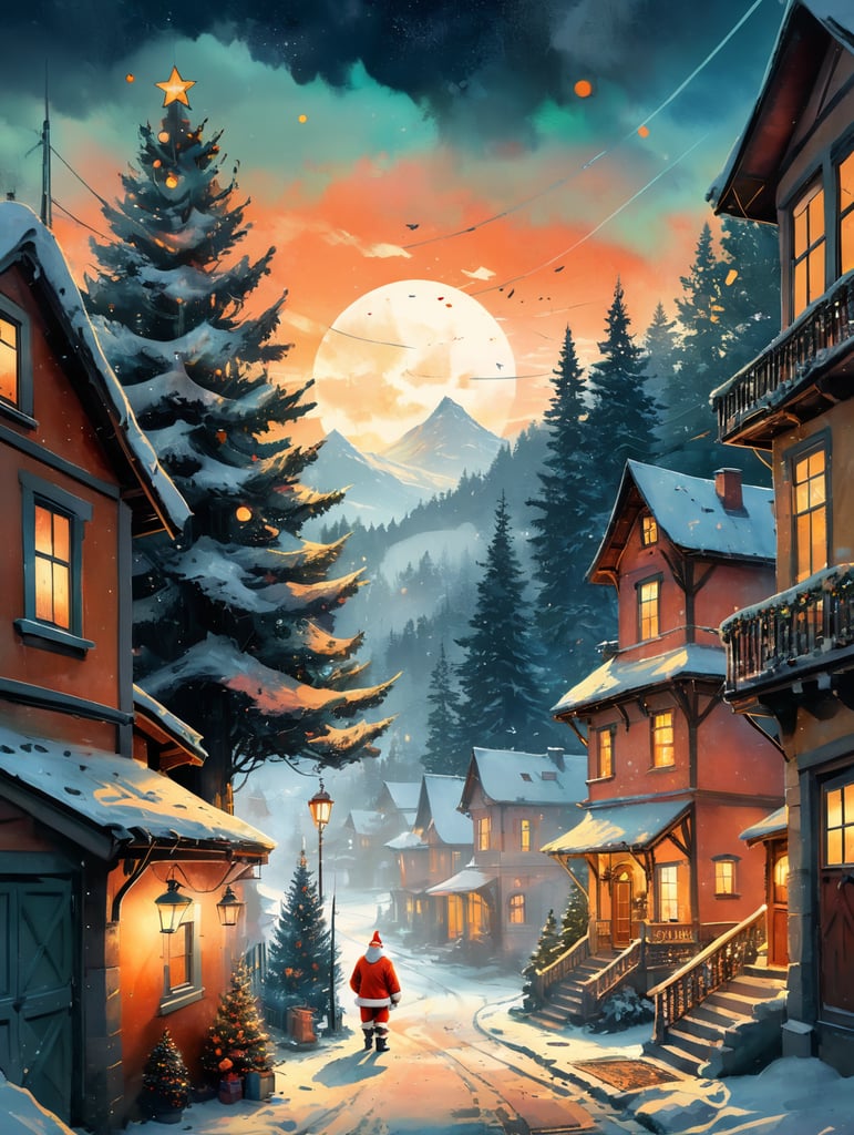 christmas card, santa claus in the foreground, christmas tree, fairytale houses, atmosphere of christmas and joy, sky strewn with stars. the postcard was made in the 60s