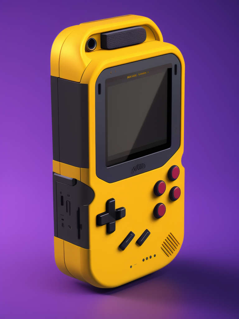 3d pixel retro tiny cute yellow game boy render, purple background