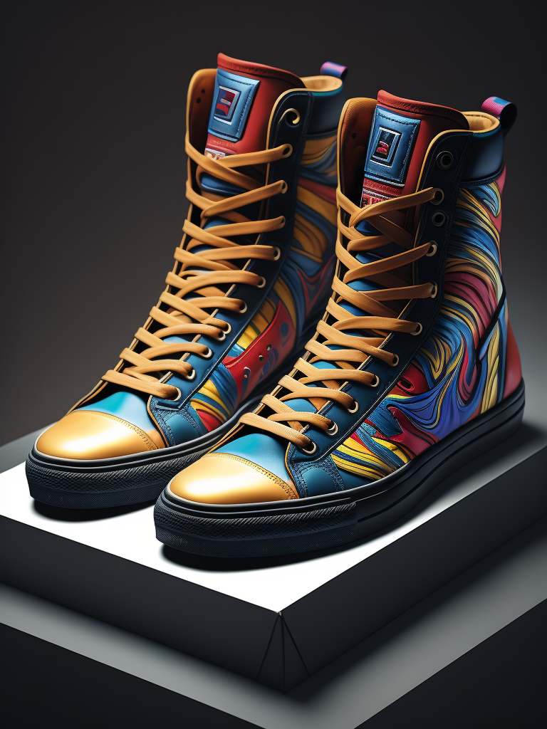 sneakers on the box, branding, selling photo, bright colors.