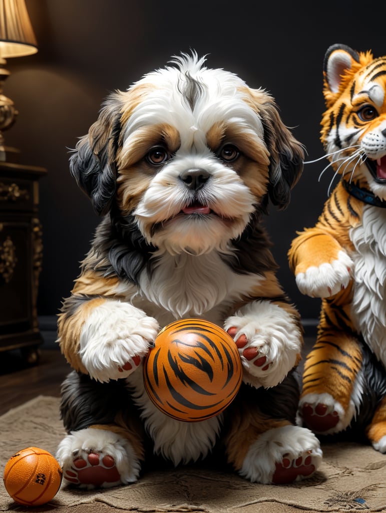 shih tzu puppy playing with fluffy tiger toy