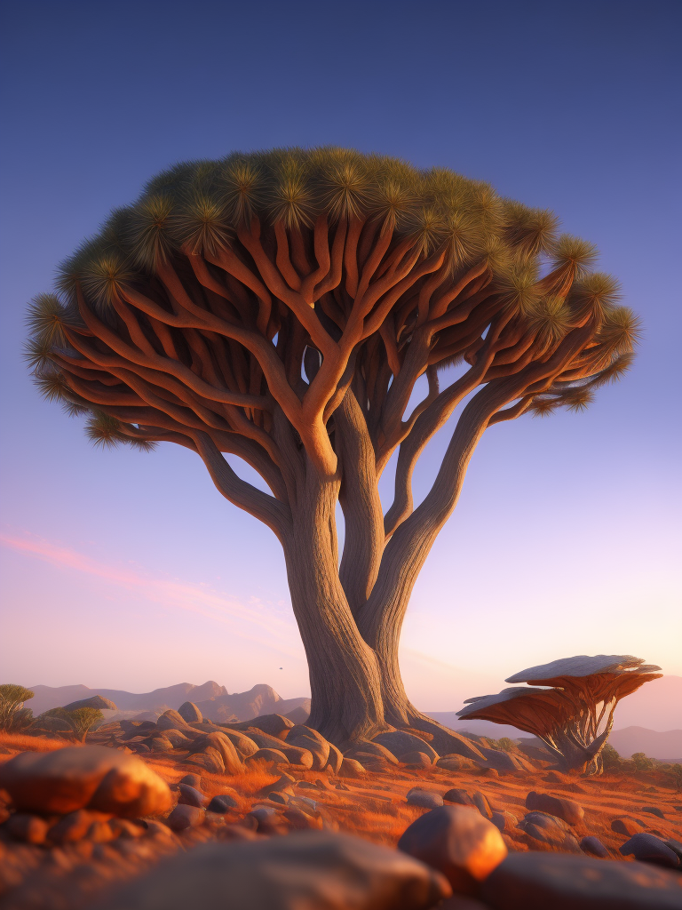 Dragon blood tree, savanna, sunset, Depth of field, Incredibly high detailed, stones, rocks, mountains on the horizon