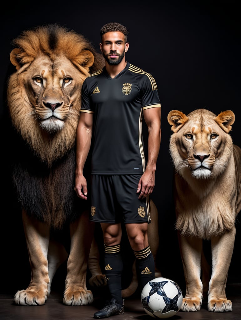 Full body, portrait, front facing man, soccer player, black background, dark atmosphere, lion and lioness in the background