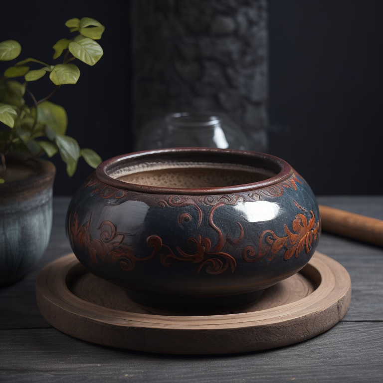 ancient small clay and glazed Chinese pot, deep atmosphere, realistic photo