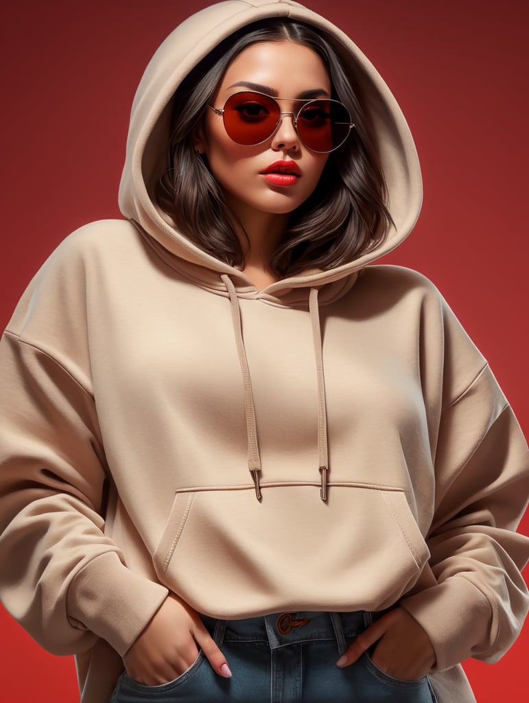 A full-body girl with dark hair dressed in a huge oversized beige hoodie, massive sunglasses with thick frames, wide jeans, massive huge sneakers, red background, contrasting light, bright colors