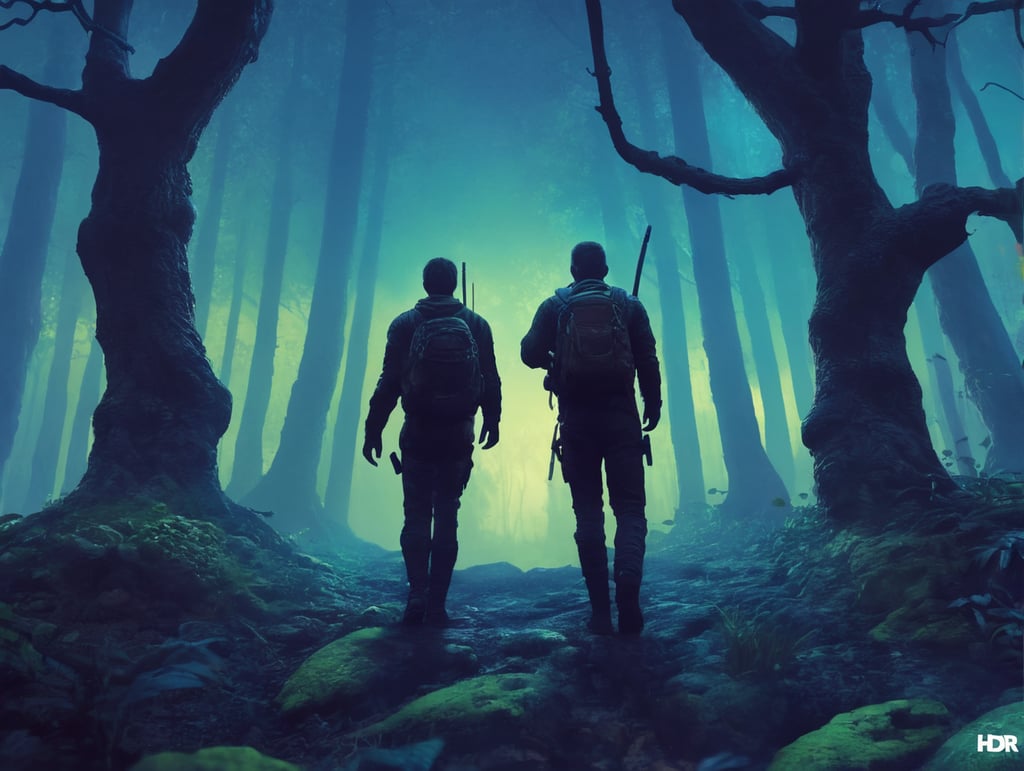 Using only the colors in the reference image, create a landscape of an peaceful and relaxing glowing forest with a single human exploring