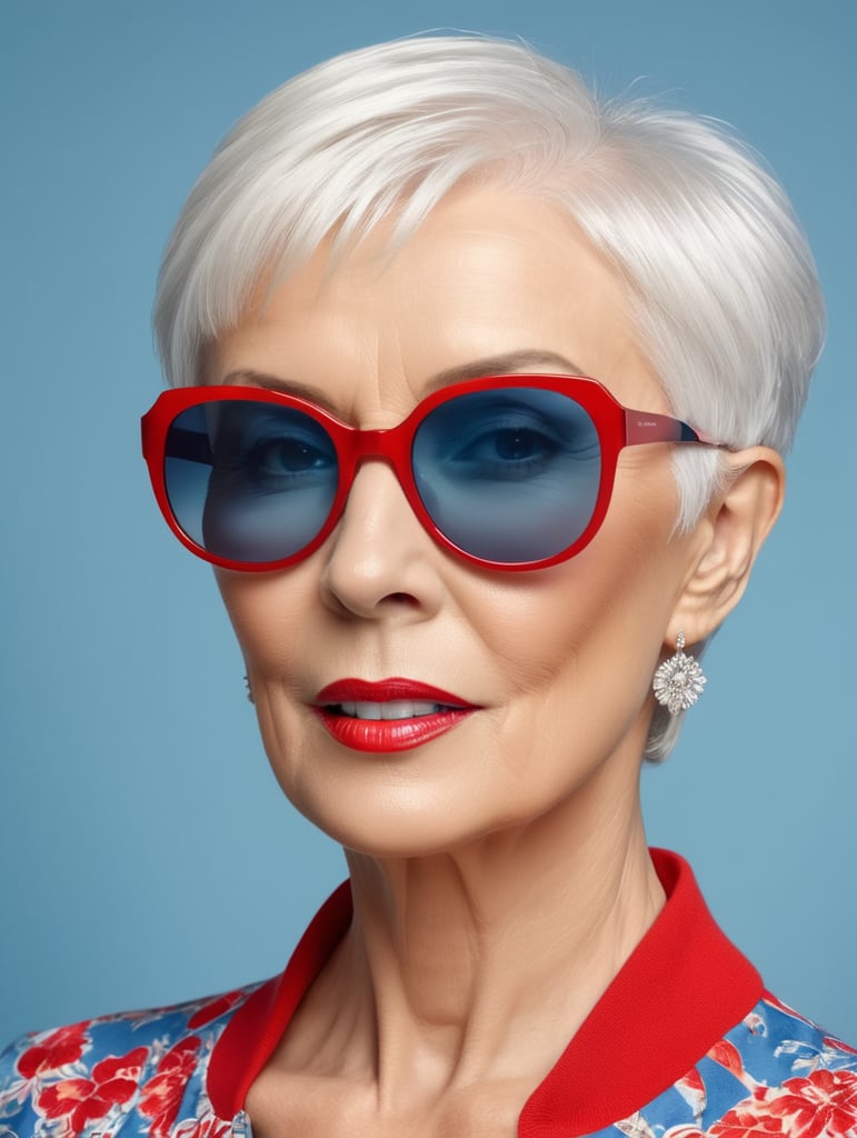 A portrait of a beautiful English older woman with white platinum short hair and big sunglasses, dressed all red, blue background, big cleavage, glamorous London portrait, highly realistic, women designer, very fashionable, colourful