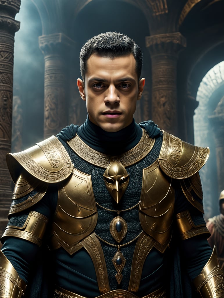 By Anne Rice and Guillermo del Toro, imagine Rami Malek as a cursed pharaoh awakened from an ancient tomb on a ghostly Halloween night, eerie, ancient, Halloween, cinematic photography, action shoot, movement, epic, high definition