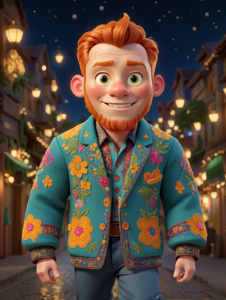 Beautiful ginger man with freckles, wearing a colorful, vibrant, detailed embroidered jacket, medium-full shot, at night