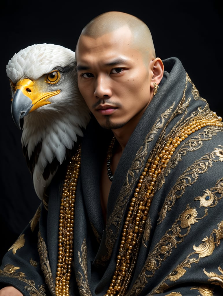 birds-eye-view, Alex Webb style, Asian Skinhead male model with a eagle in a dark room wearing Oversized blanket made by silver yellow beads mixed wool, pearl, glass, cotton, plastic, thread, glitter, blurry details, Slow shutter photo, body language, surreal fashion photography, Contax G2, hyper realistic