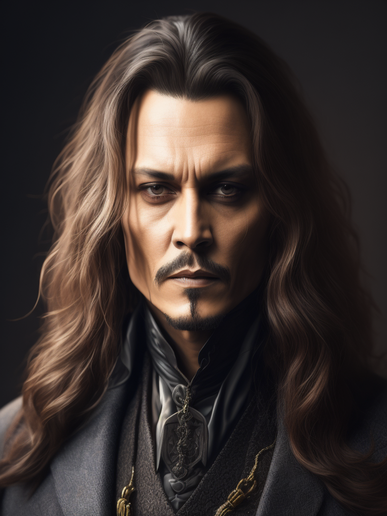 Portrait of Johnny Depp as Count Dracula, majestic look, long hair, he wears 18th-century style clothing, dark background, contrasting light, detailed face, muted tones