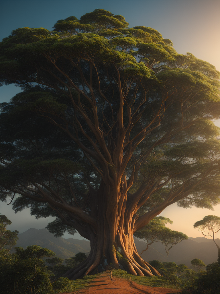 A giant tree, surrealistic, vibrant colors, high definition, super-realistic, extremely detailed, in the background a landscape of a hinterland in northeastern Brazil