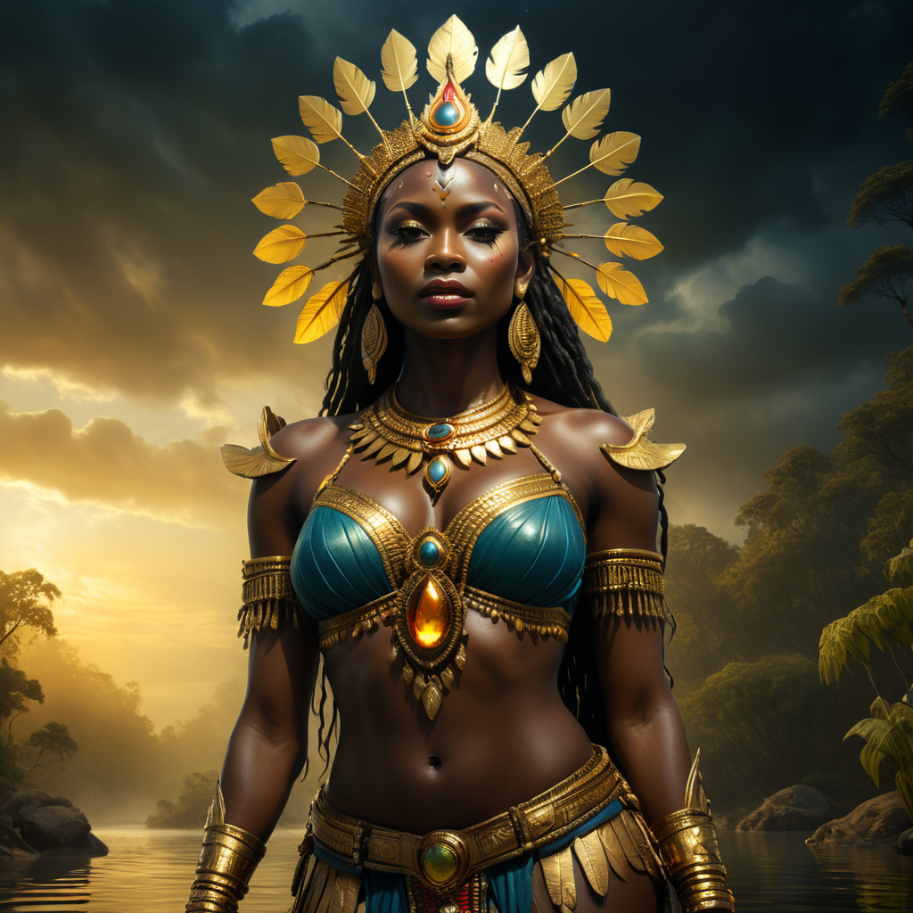 an african queen standing posing for camera on the water with a golden headdress, in the style of zbrush, chiaroscuro portraitures, detailed costumes, uhd image, forestpunk, bamileke art, western-style portraits