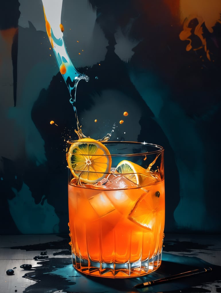 action shot of a bright orange gin cocktail with slice of dried lemon, burning flame on rim