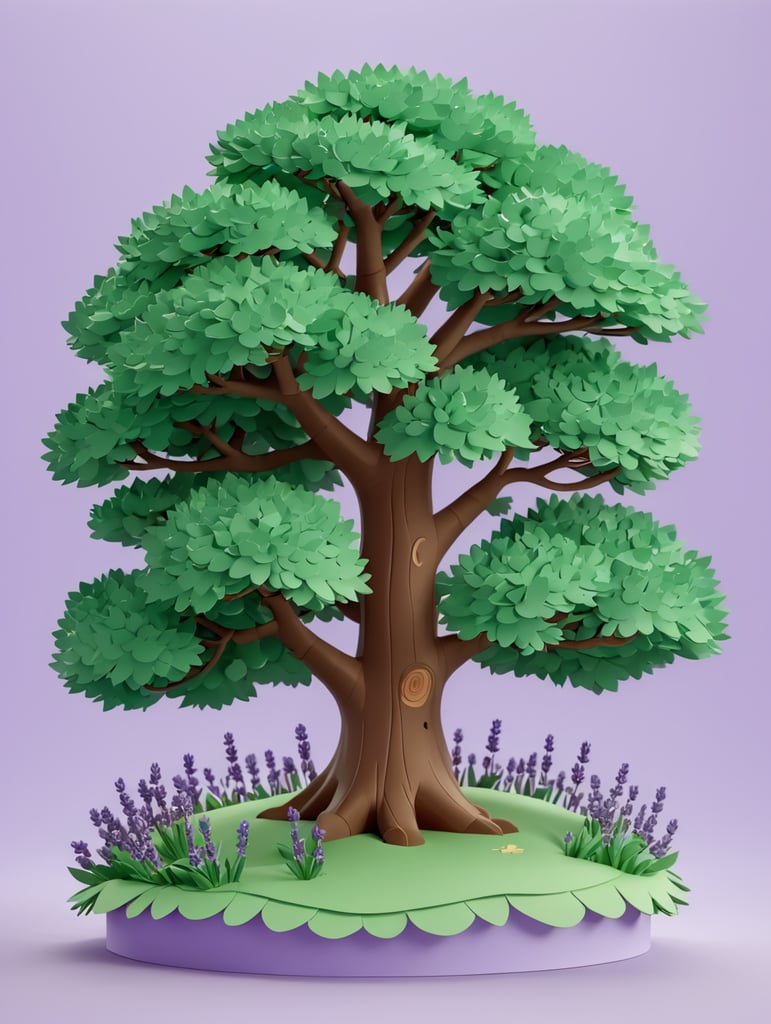sawed tree, around small lavender flowers made of paper on a lavender background