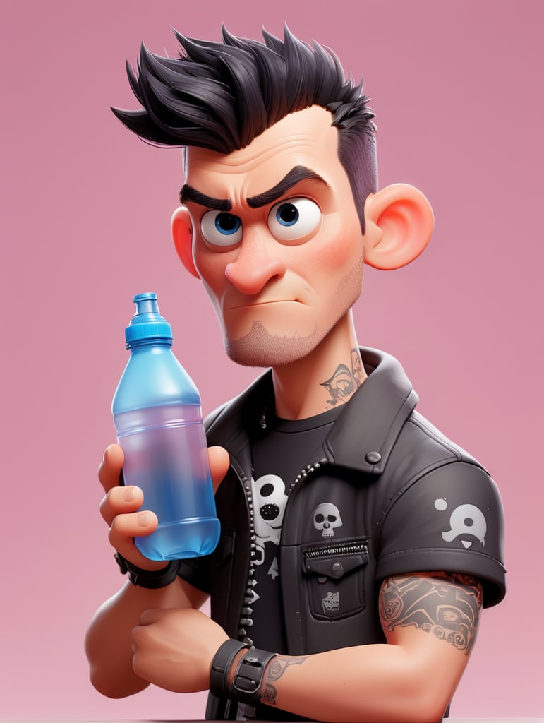 a punk designer holds in his hand a water bottle, isolated, light pink background