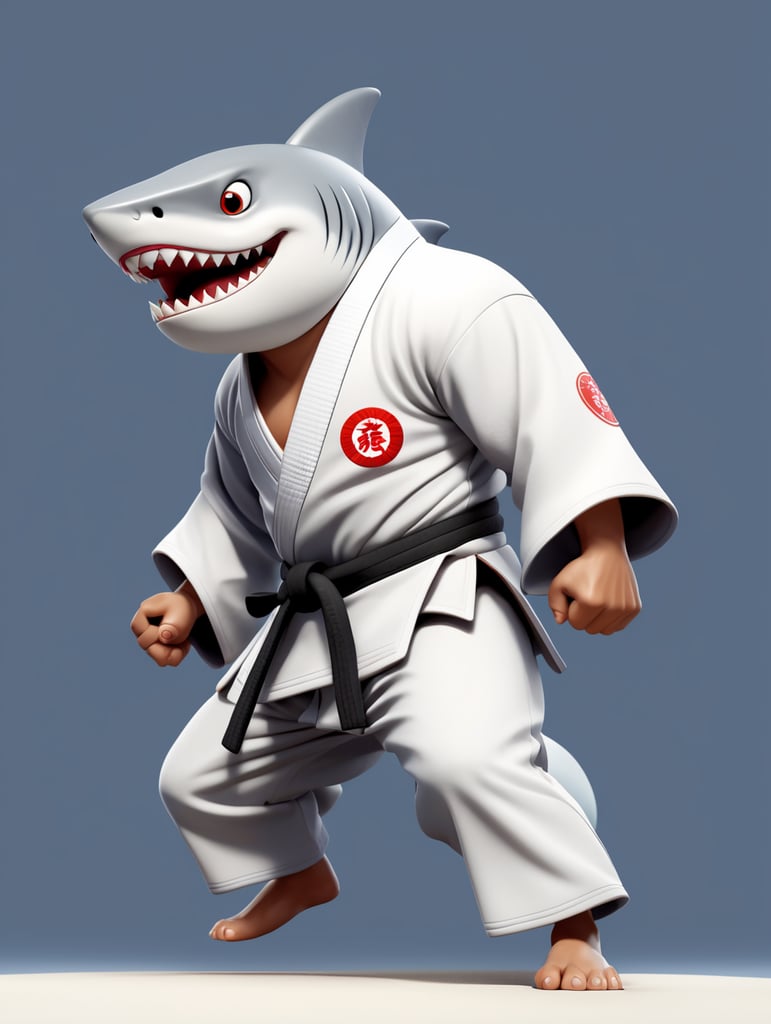 humanoid shark in judo kimono stay in action pose and angry face