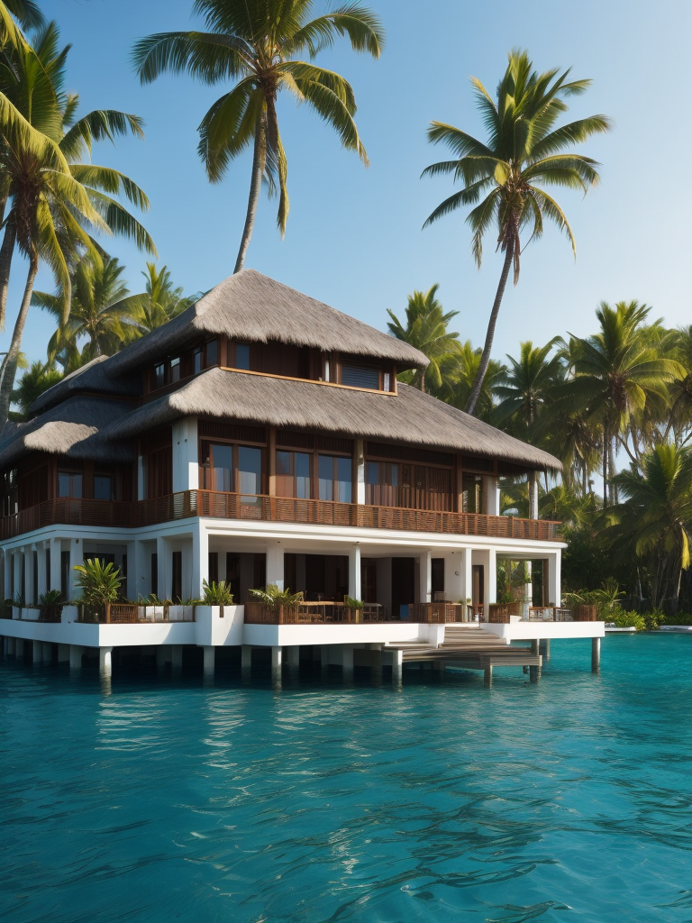 Over water villa in the maledives with the sun shining and some palms, Vibrant and rich colors, blue skies and azure oceans, photorealistic, contrast light, deep colors, Incredibly high detailed