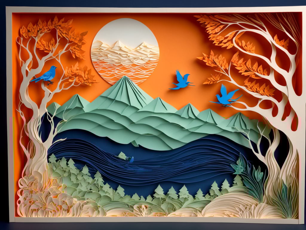 blue bird silhouettes, moon over mountain range, lake, trees, blues, greens and oranges, open space in middle, orange fruit, blue background