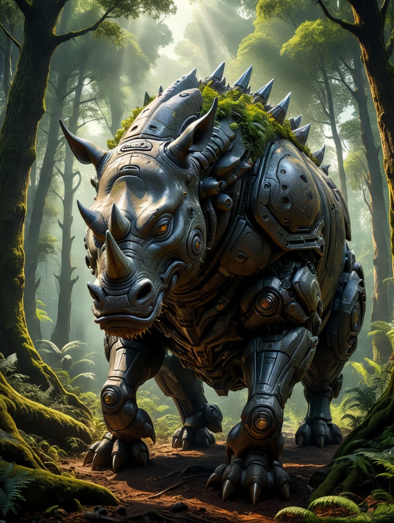 alien robotic RHINO, in a forest, beautiful, masterpiece, natural landscape, sun illuminating everything, sharp, realistic, detailed, centered, 16k