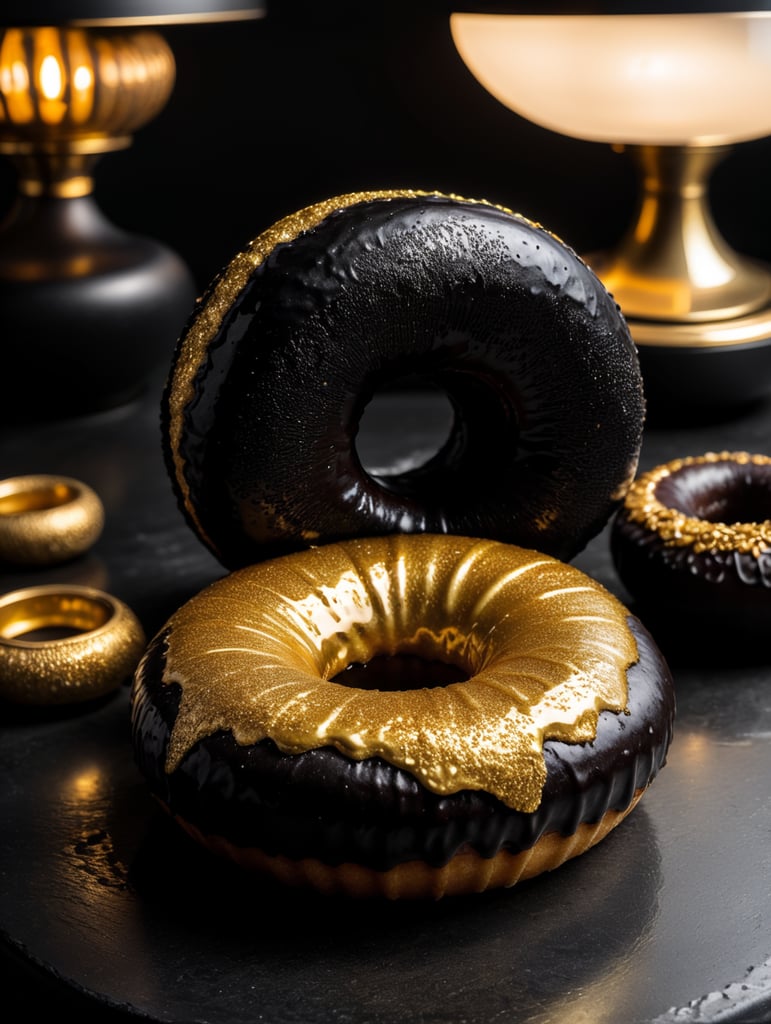 черный пончик покрыт золотом лежит на черном столе, черная комната, слабое освещение
