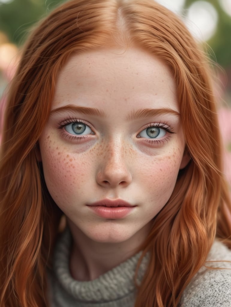 15 years old redhead girl with many freckles, gray eyes, full lips