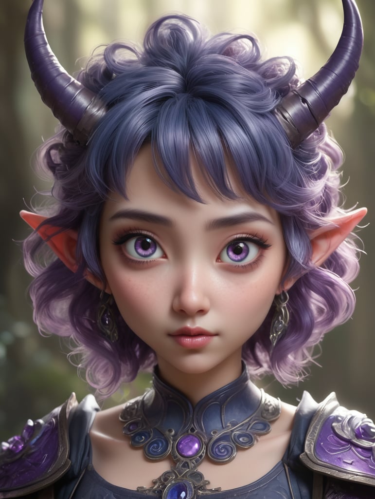 A 3D stylized fantasy character with small, curved demon-like horns and pointed ears, featuring short, messy wavy hair. The character has expressive, large eyes with a surprised or worried expression, slightly open mouth showing vulnerability. A small piercing or beauty mark below the lips adds a unique charm. The torso is wrapped in a textured cloth or bandages, detailed to give a worn and natural appearance. The hand is visible, with long, delicate fingers in a relaxed pose. The lighting is soft and dramatic, emphasizing facial features and textures. The background is a mystical, blurred gradient of dark blues and purples with subtle glowing particles, enhancing the fantasy theme. The overall style is semi-realistic with smooth textures, vibrant colors, and intricate details, evoking an ethereal and magical atmosphere.