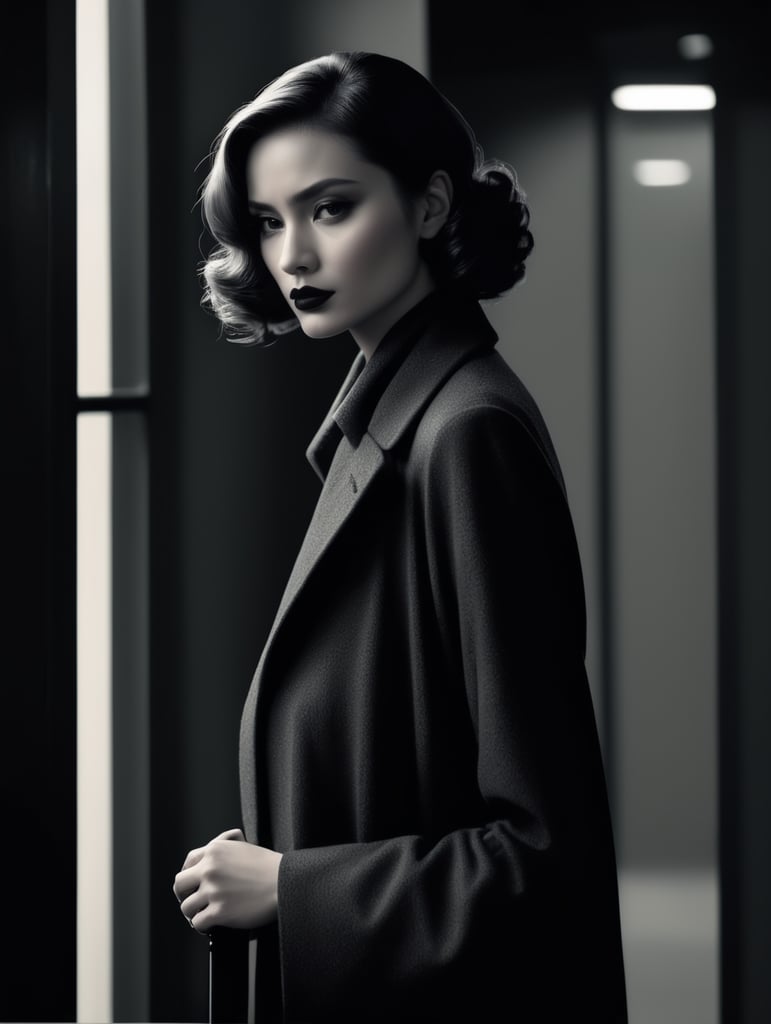 Dark film noir, black and grey, scene, female