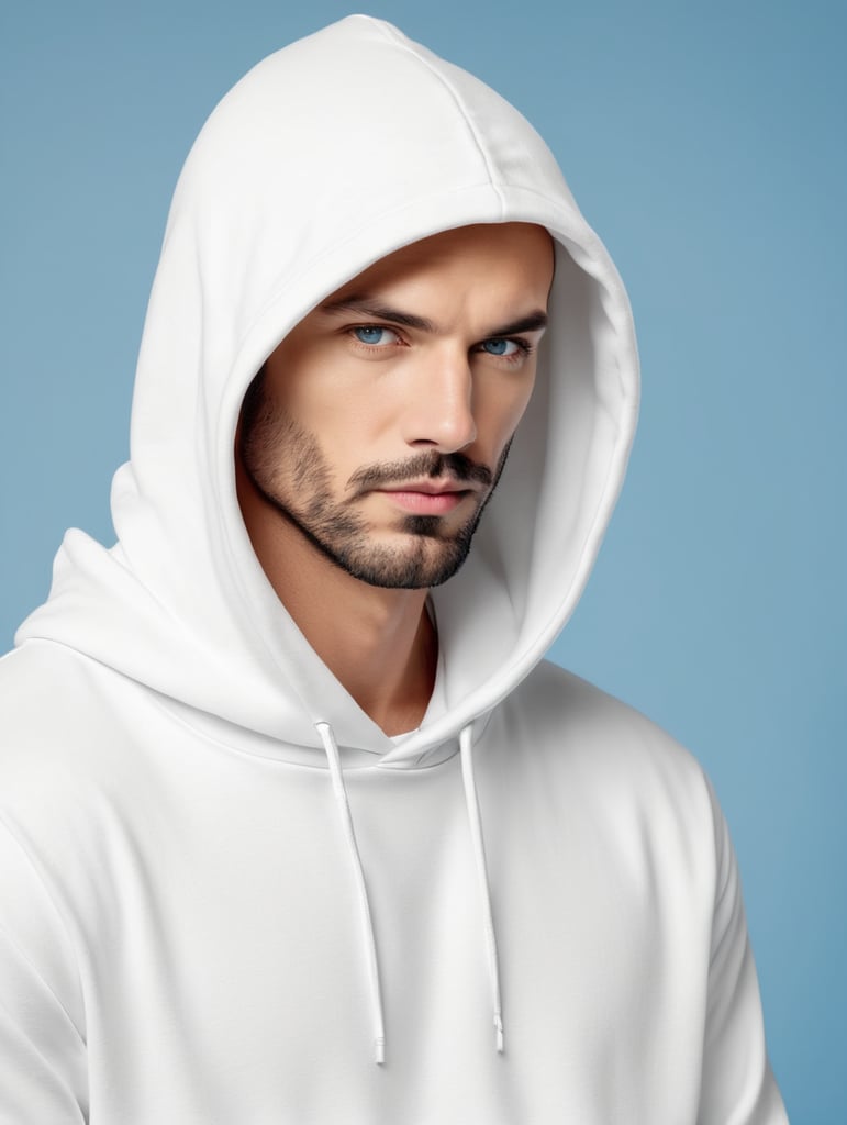 a man wearing blank white hoodie, isolated, blue background, style of Miles Aldridge, mockup, mock up