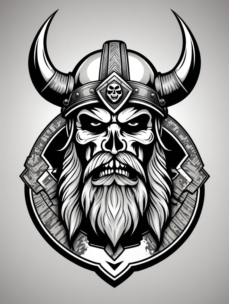 Aggressive Viking with beard skull military chevron logo, black and white, war Logo, vector image
