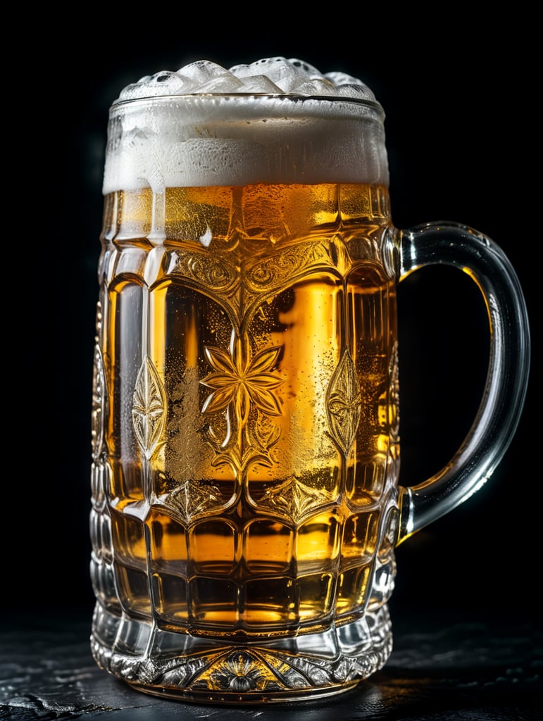 glass beer mug, isolated, black background, professional photo