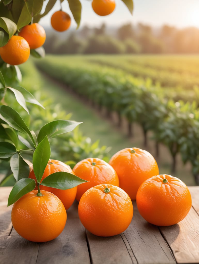 a tangerine orchard that reminds us of summer, the natural, healthy sun. 3 tangerines together on a wooden table and a blurred orchard in the background