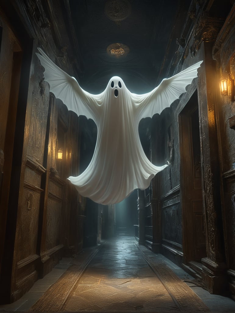 friendly ghost in 3D flying down a passage with 1 dim light