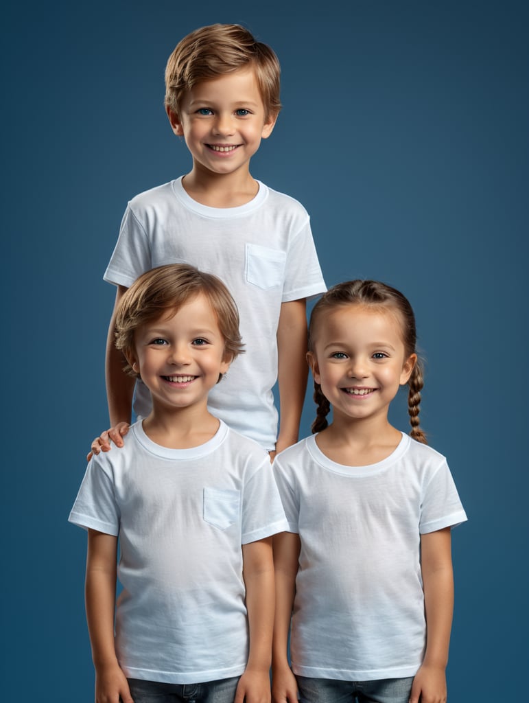 a Little boy and girl wearing white t-shirts, standing in front of blue background, blank shirts no print, 9 years old smiling toddlers, photo for apparel mock-up